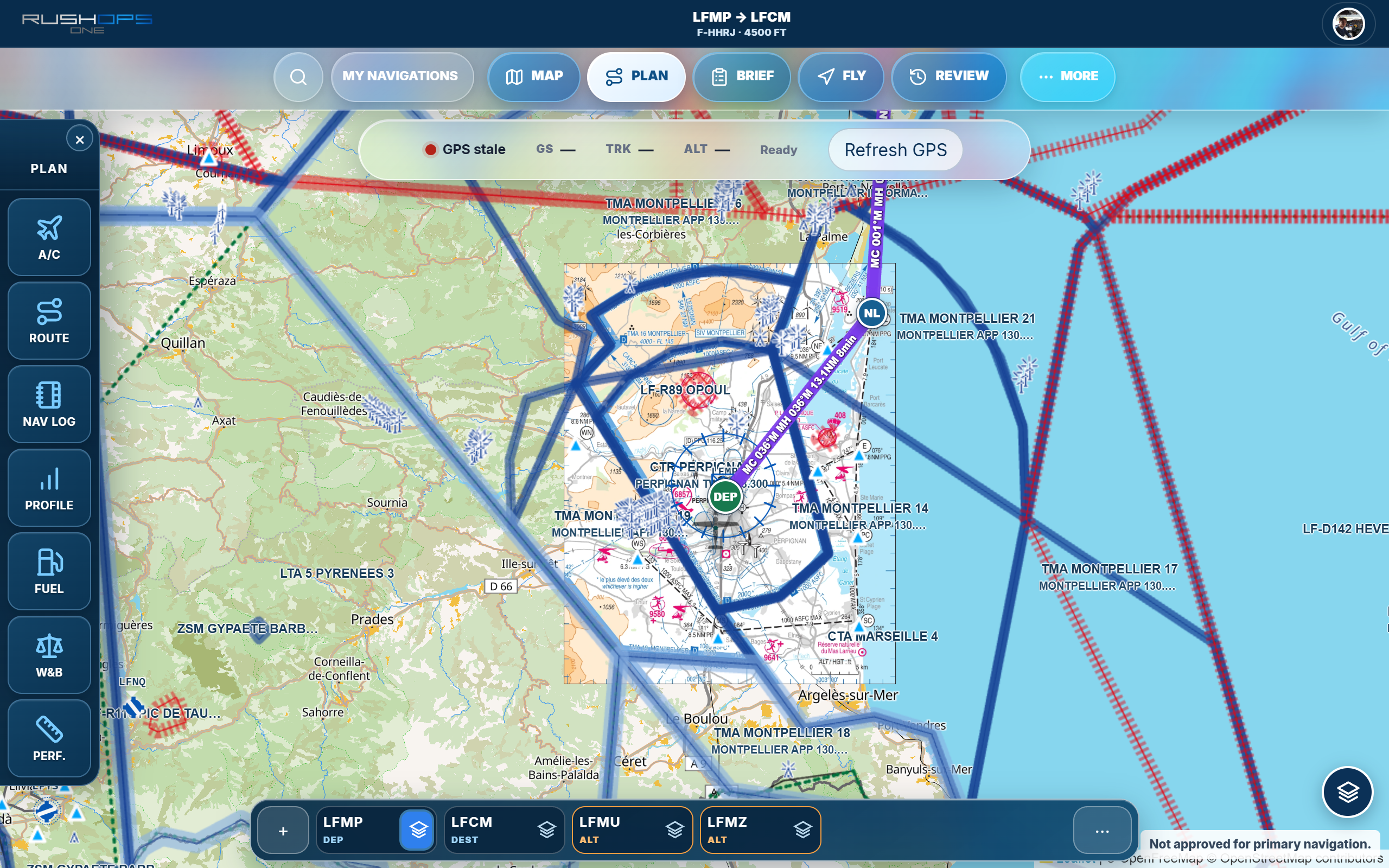 RushOps ONE flight planning on a cockpit tablet
