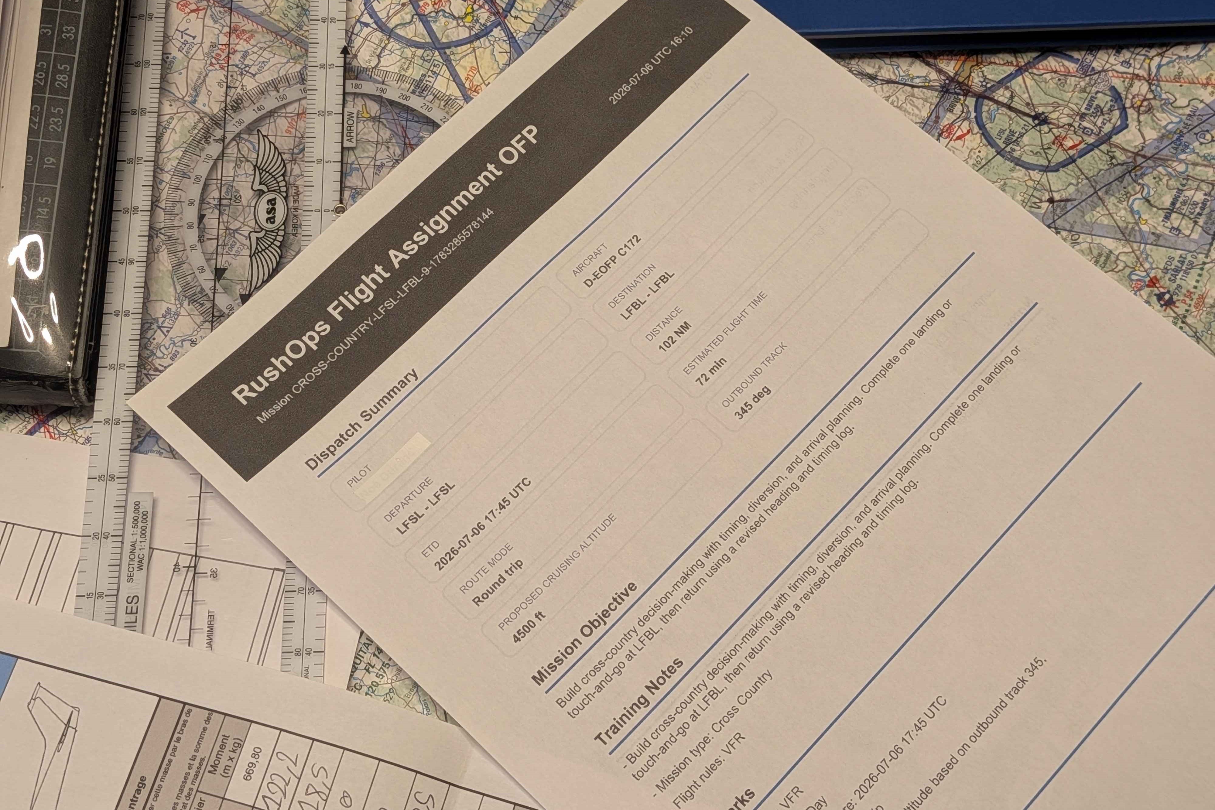 Printed RushOps Flight Assignment briefing on an aeronautical chart